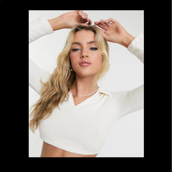 Topshop Collared Ribbed Crop Top In Cream-white - Picture 3 of 3